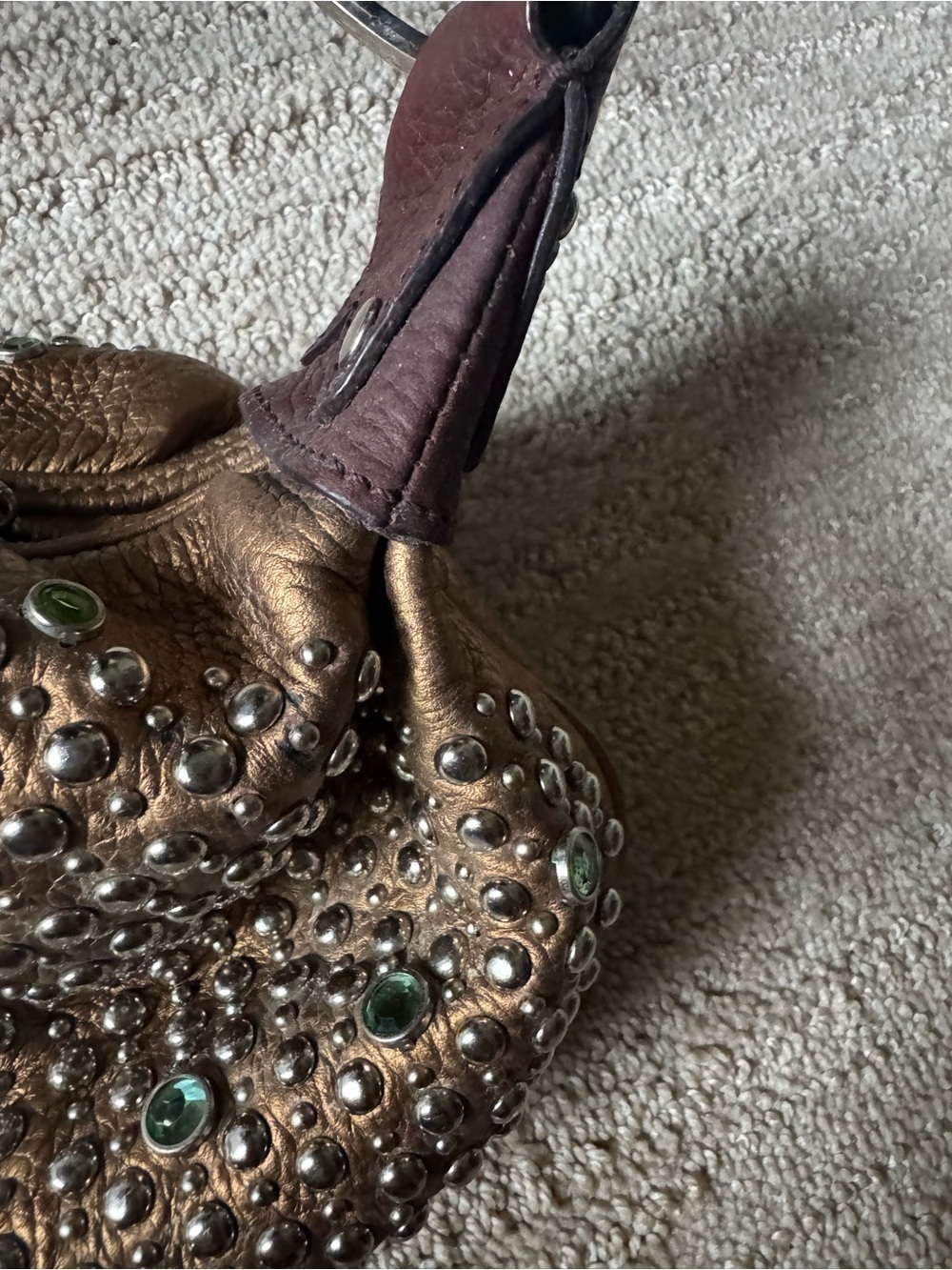 Y2K G Series Cole Haan Bronze Leather Studded Crystal Hobo Shoulder Bag - Picture 4 of 16
